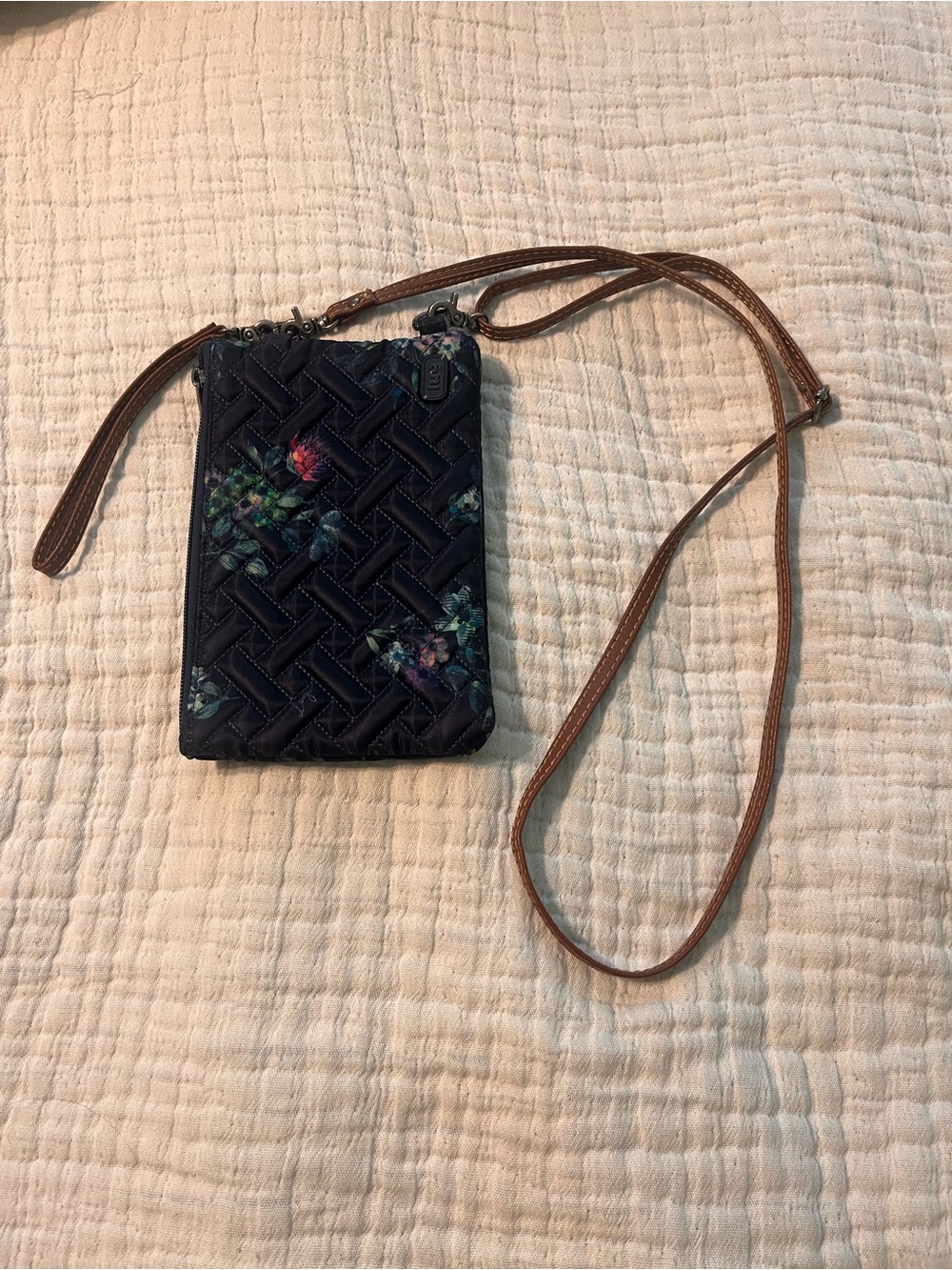 lug Navy Quilted Crossbody / wristlet with Floral Print and Brown Strap